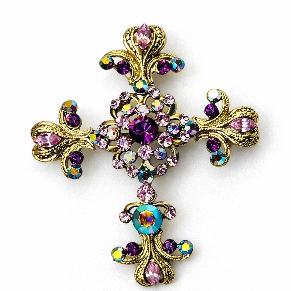 KIRKS FOLLY AURORA BOREALIS GOLD TONE LARGE CROSS PENDANT AND BROOCH NWT ORNATE